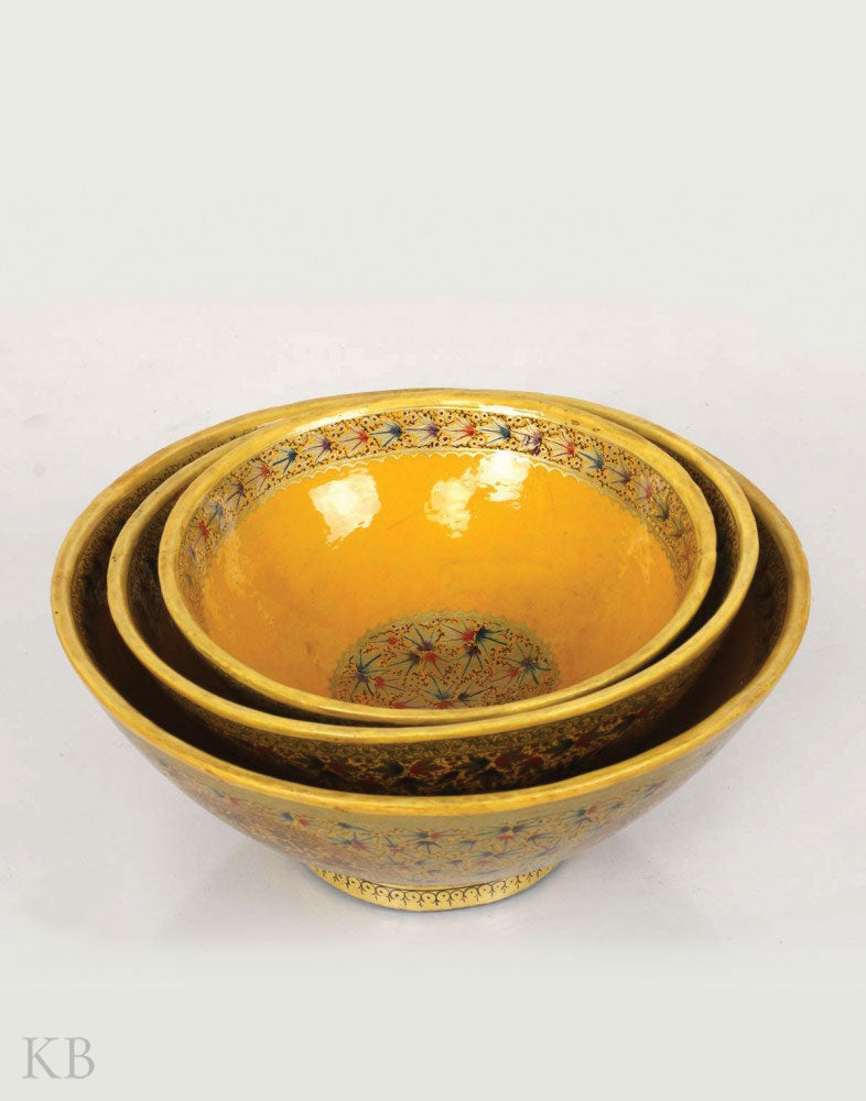 Mustard Handcrafted Paper Mache Bowl (Set of 3) - Kashmir Box