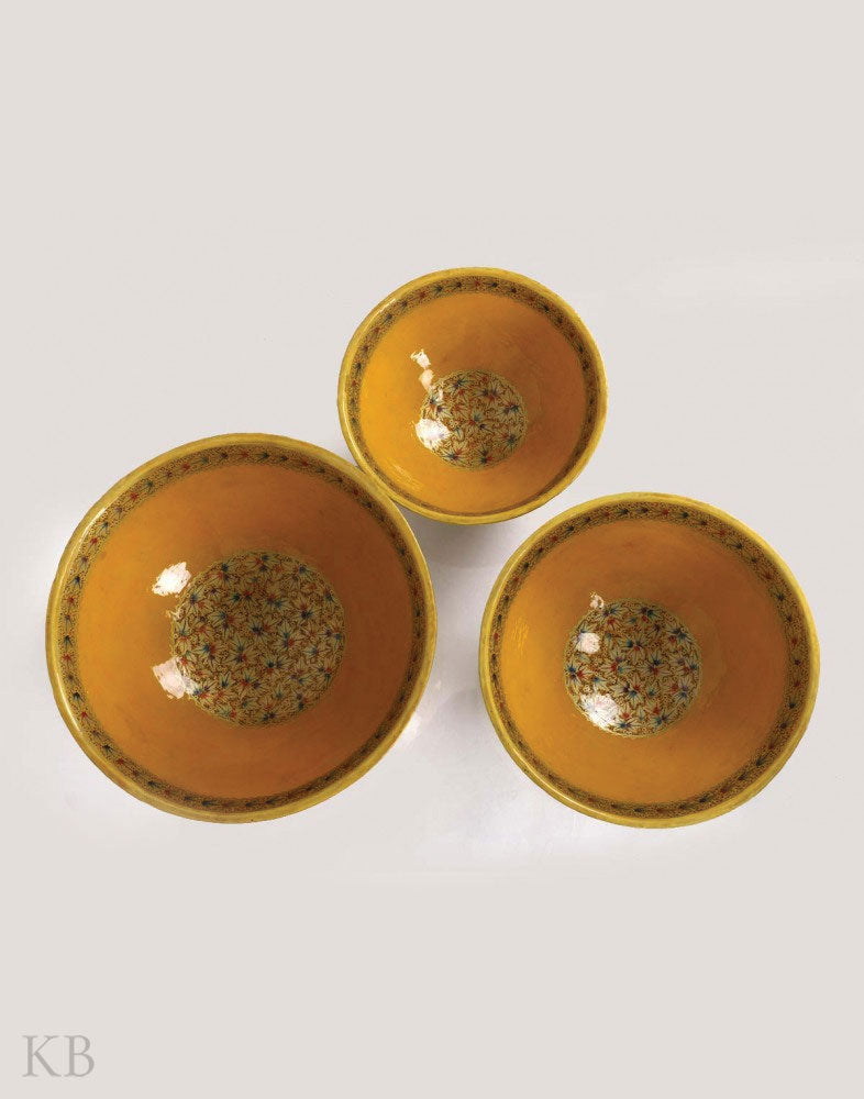 Mustard Handcrafted Paper Mache Bowl (Set of 3) - Kashmir Box