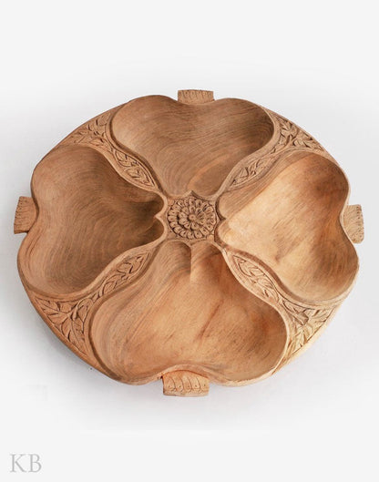 Walnut Wood Flower Carved Dry Fruit Bowl - Kashmir Box