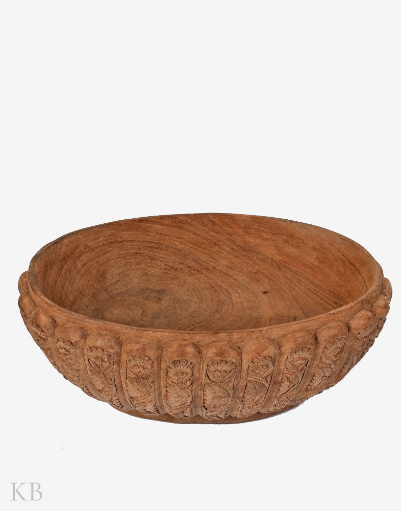 Flower Carved Walnut Wood Oval Bowl - Kashmir Box