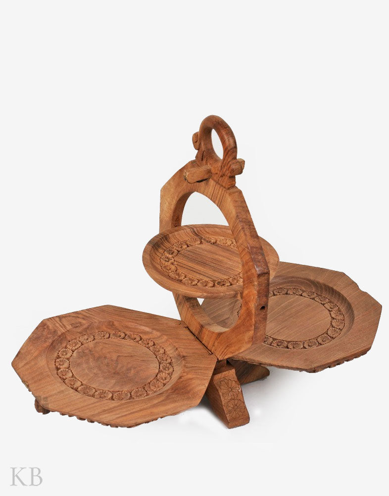 Walnut Wood Carved Tree of Life Cake Stand - Kashmir Box