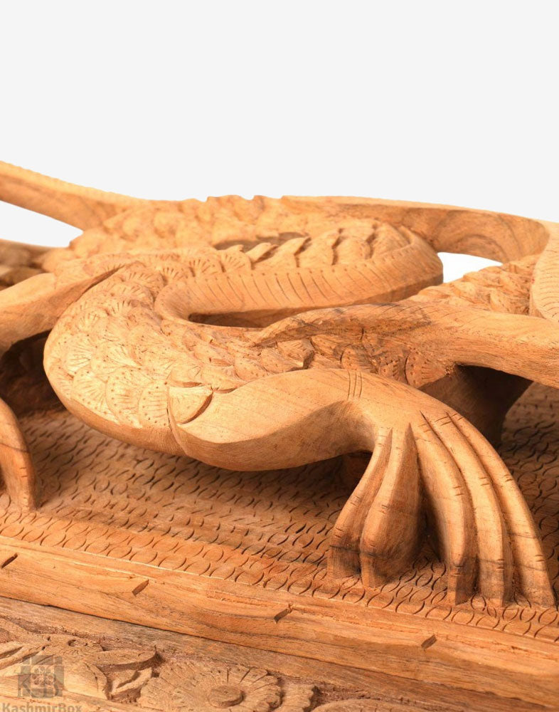 Handmade Carved Dragon Walnut Wood Wall Plate - Kashmir Box