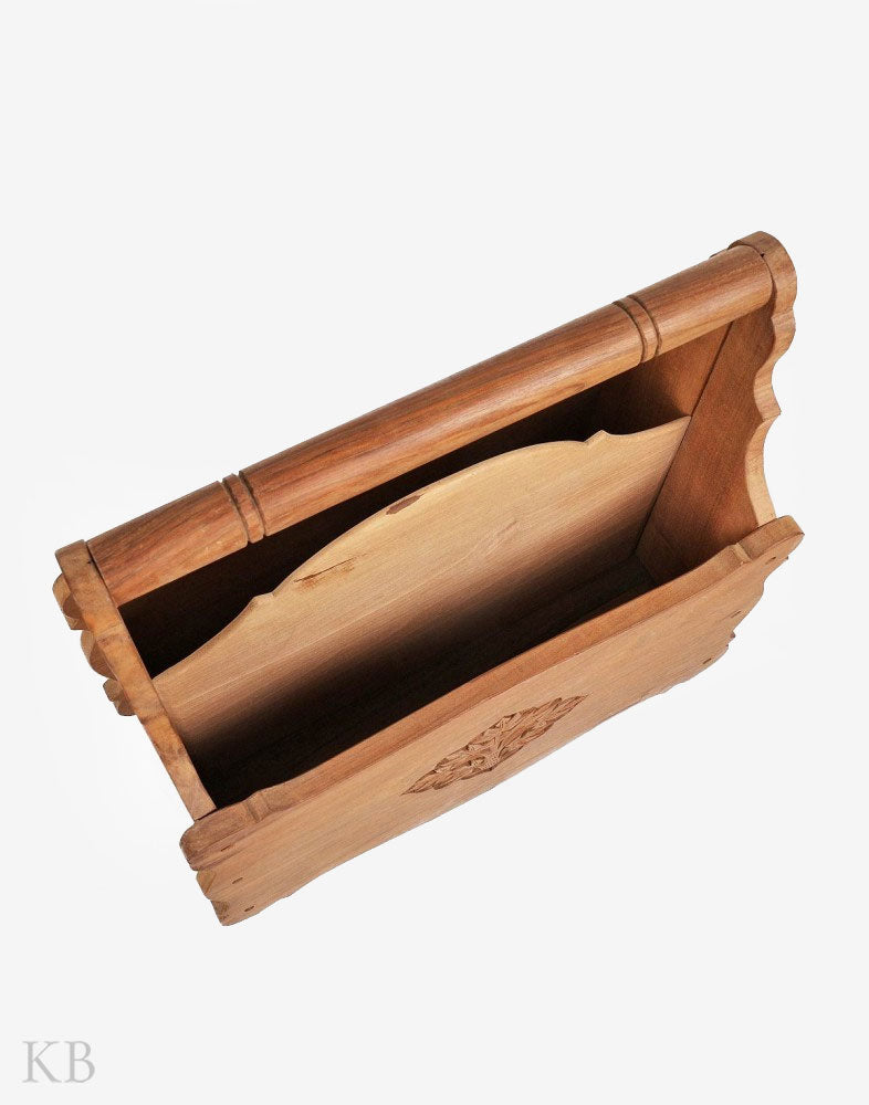 Walnut Wood Floral Engraved Magazine Holder - Kashmir Box