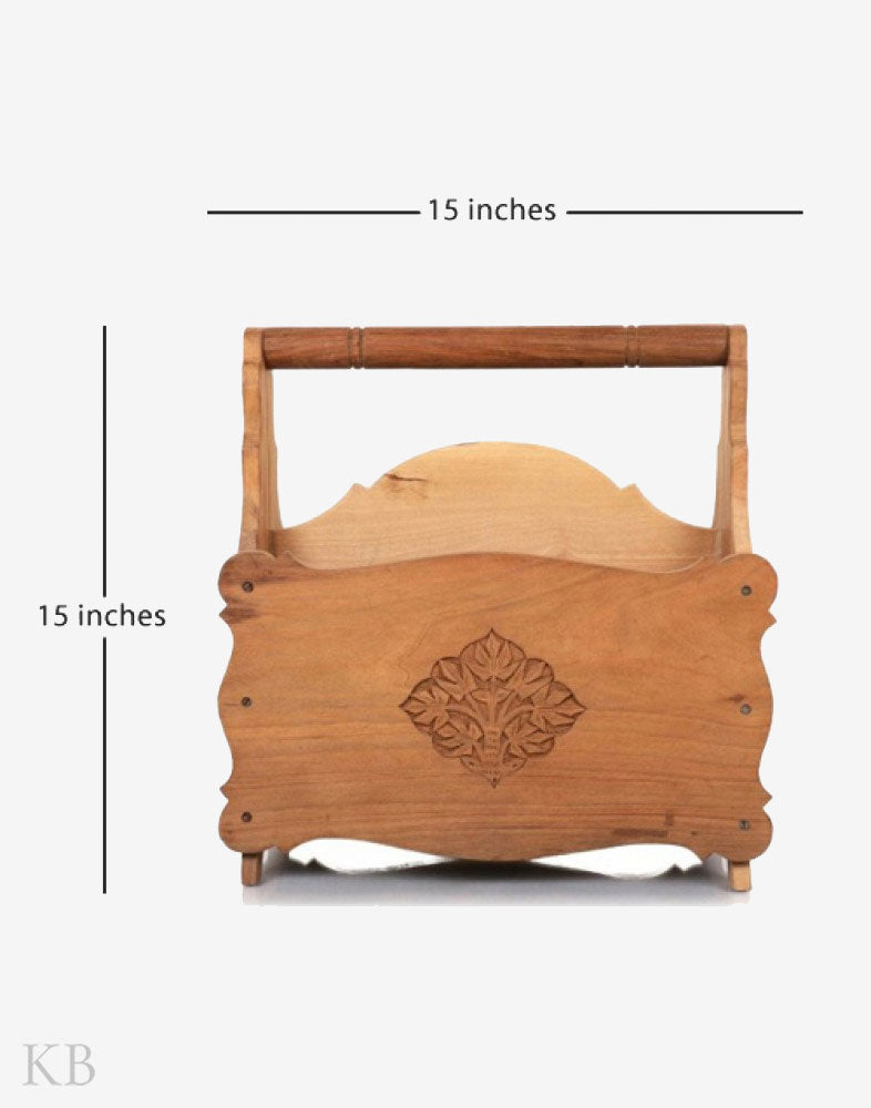 Walnut Wood Floral Engraved Magazine Holder - Kashmir Box