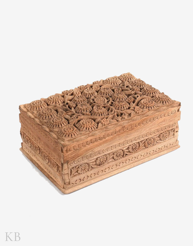 Carved Marigold Handmade Walnut Wood Jewelry Box - Kashmir Box