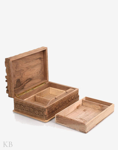 Deep Chinar Engraved Handmade Walnut Wood Jewelry Box - Kashmir Box