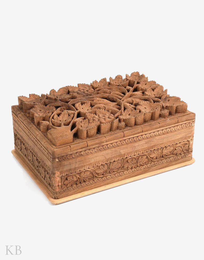 Deep Chinar Engraved Handmade Walnut Wood Jewelry Box - Kashmir Box