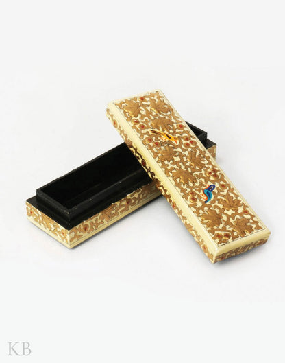 Beige Twin Sparrow Paper Mache Pencil Box - Kashmir Box