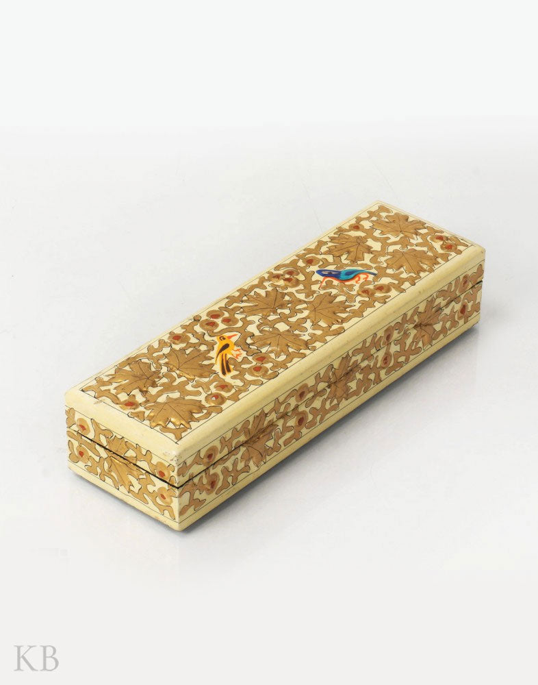 Beige Twin Sparrow Paper Mache Pencil Box - Kashmir Box