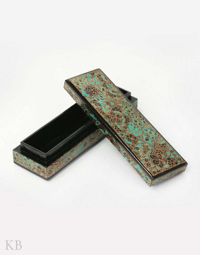 Black And Blue Floral Paper Mache Pencil Box - Kashmir Box