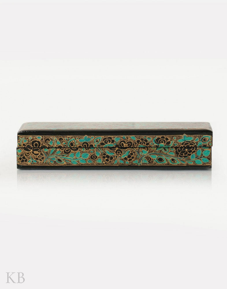 Black And Blue Floral Paper Mache Pencil Box - Kashmir Box