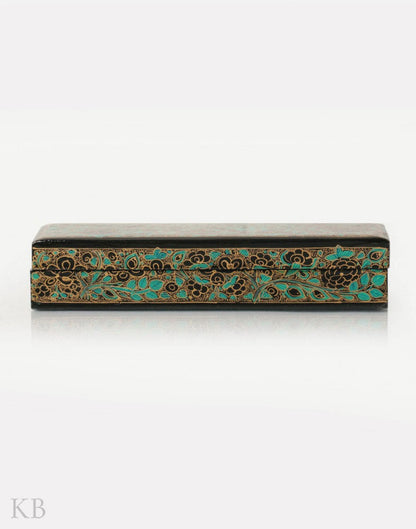 Black And Blue Floral Paper Mache Pencil Box - Kashmir Box