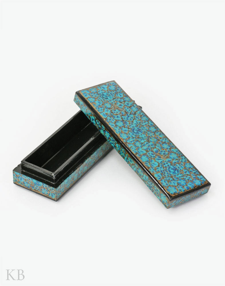 Turquoise Floral Paper Mache Pencil Box - Kashmir Box