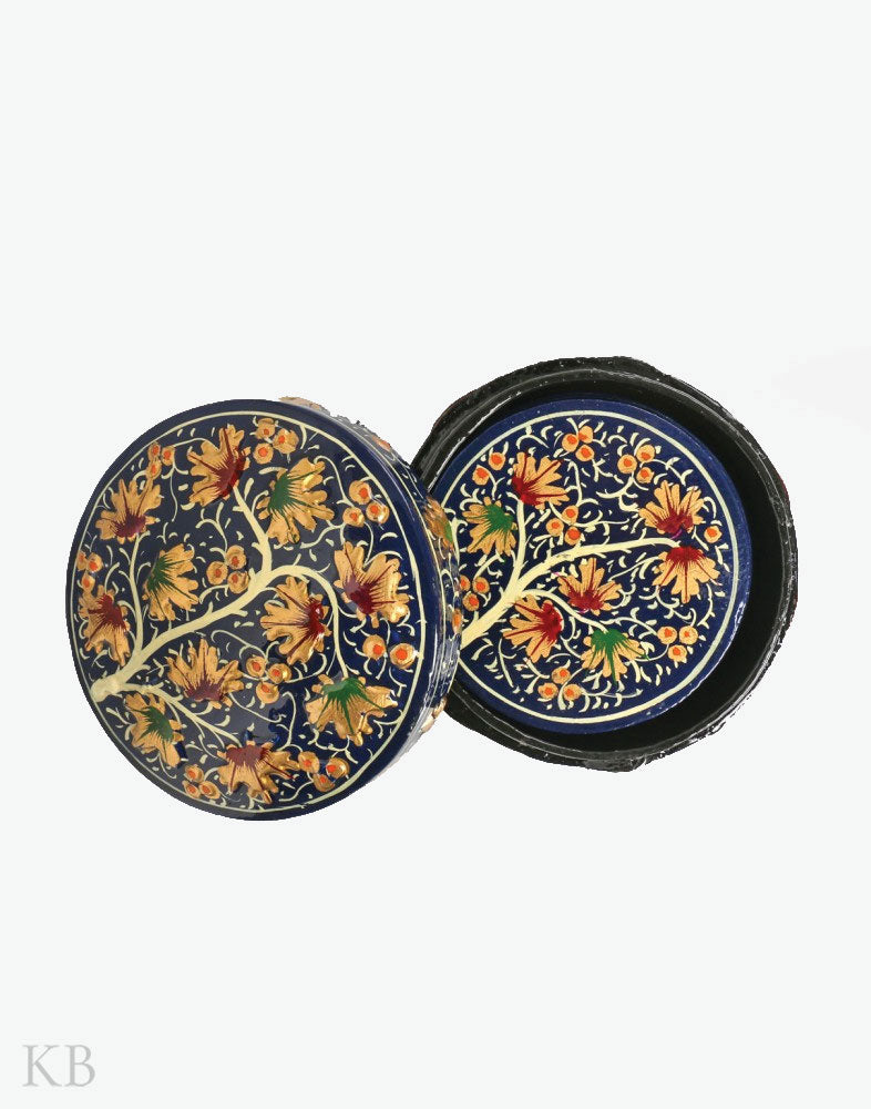 Indigo Blue Embossed Chinar Tree Paper Mache Coaster Set - Kashmir Box