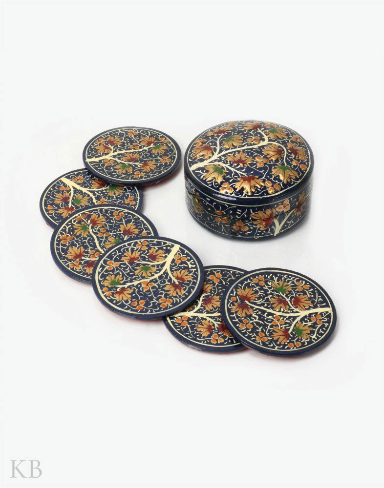 Indigo Blue Embossed Chinar Tree Paper Mache Coaster Set - Kashmir Box