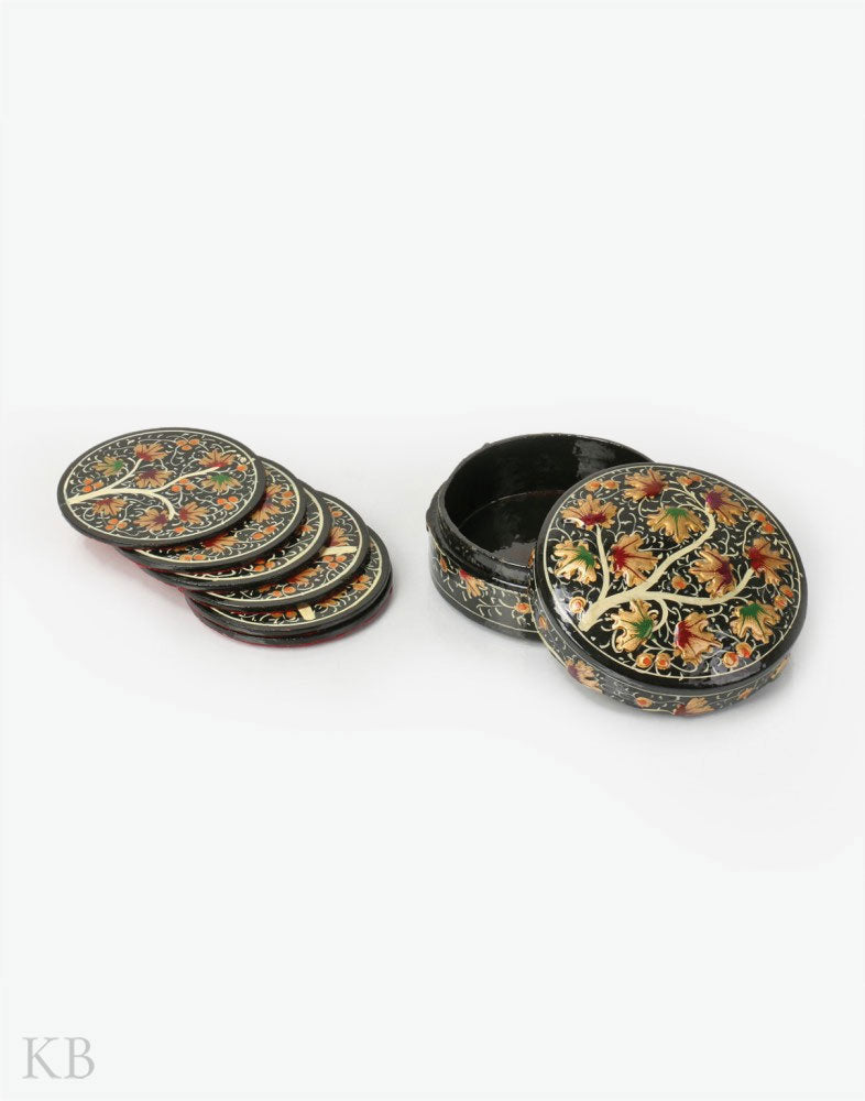 Black Embossed Chinar Tree Paper Mache Coaster Set - Kashmir Box