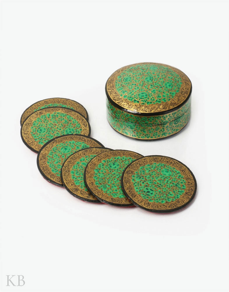 Emerald Green Flower Paper Mache Coaster Set - Kashmir Box