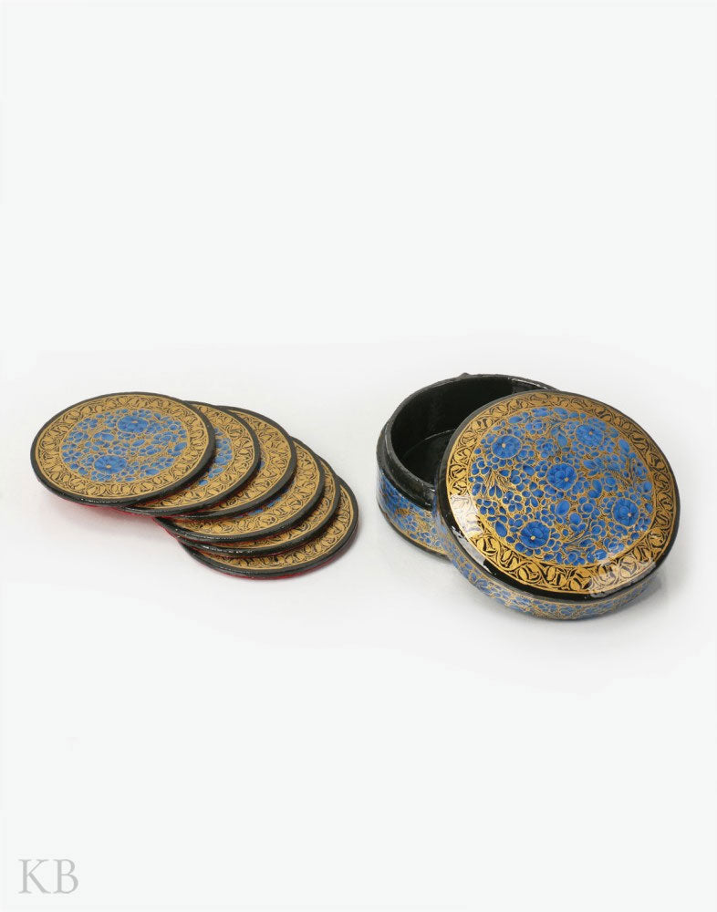 Cobalt Blue Flower Paper Mache Coaster Set - Kashmir Box