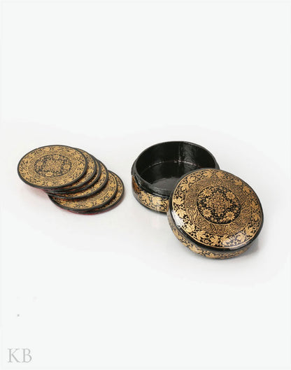 Black And Gold Paper Mache Coaster Set - Kashmir Box