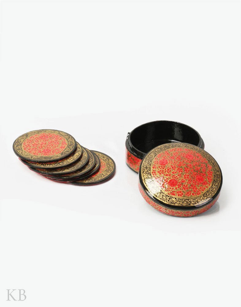 Red Flower Paper Mache Coaster Set - Kashmir Box