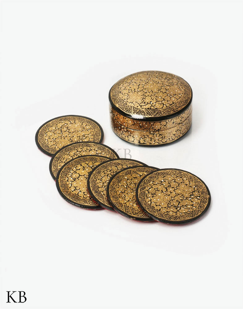 Golden And Black Paper Mache Coaster Set - Kashmir Box