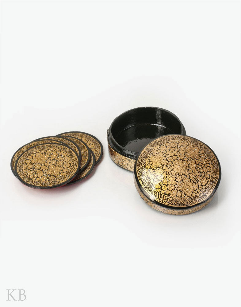 Golden And Black Paper Mache Coaster Set - Kashmir Box