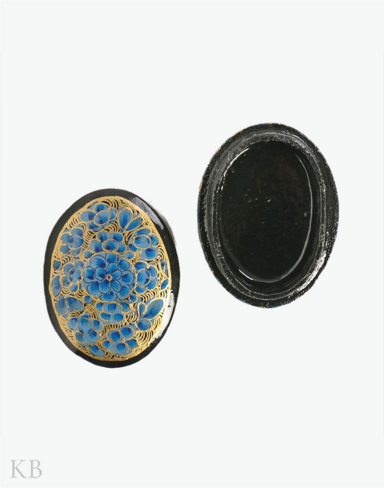 Blue Flower Oval Paper Mache Ring Box - Kashmir Box