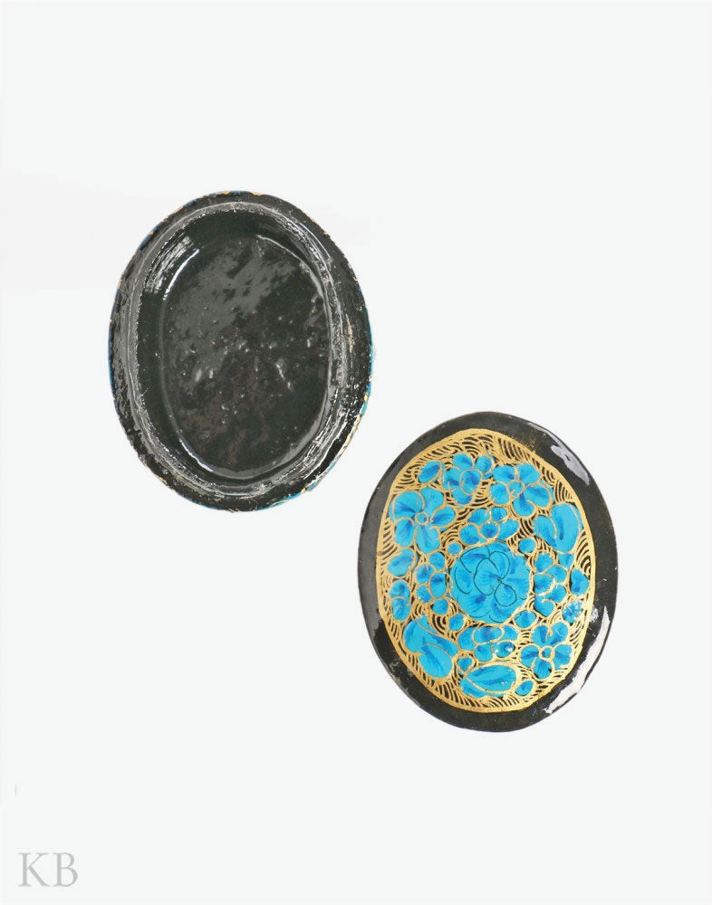 Blue Ruby Flower Oval Paper Mache Ring Box - Kashmir Box