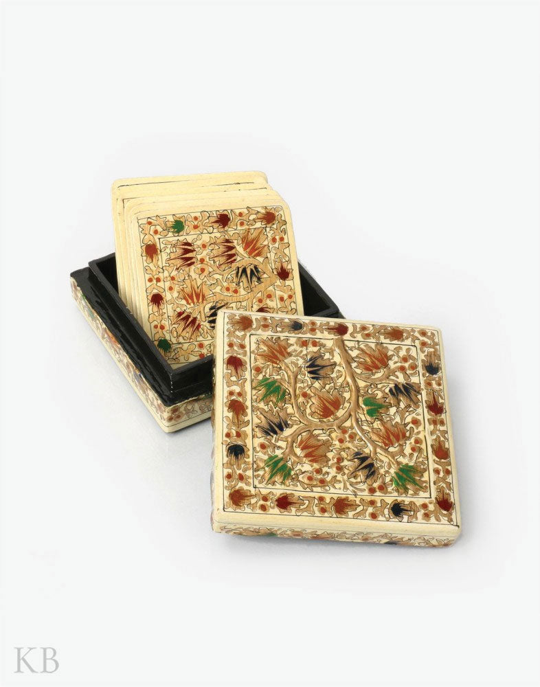 Cream White Chinar Tree Square Paper Mache Coaster Set - Kashmir Box