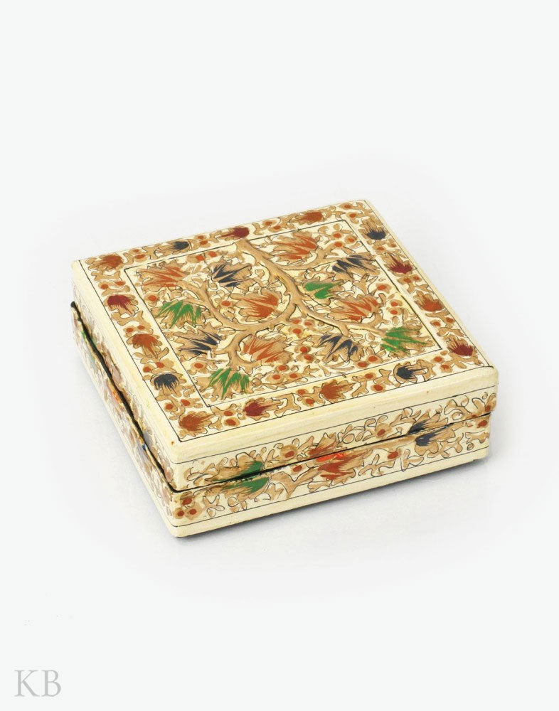 Cream White Chinar Tree Square Paper Mache Coaster Set - Kashmir Box