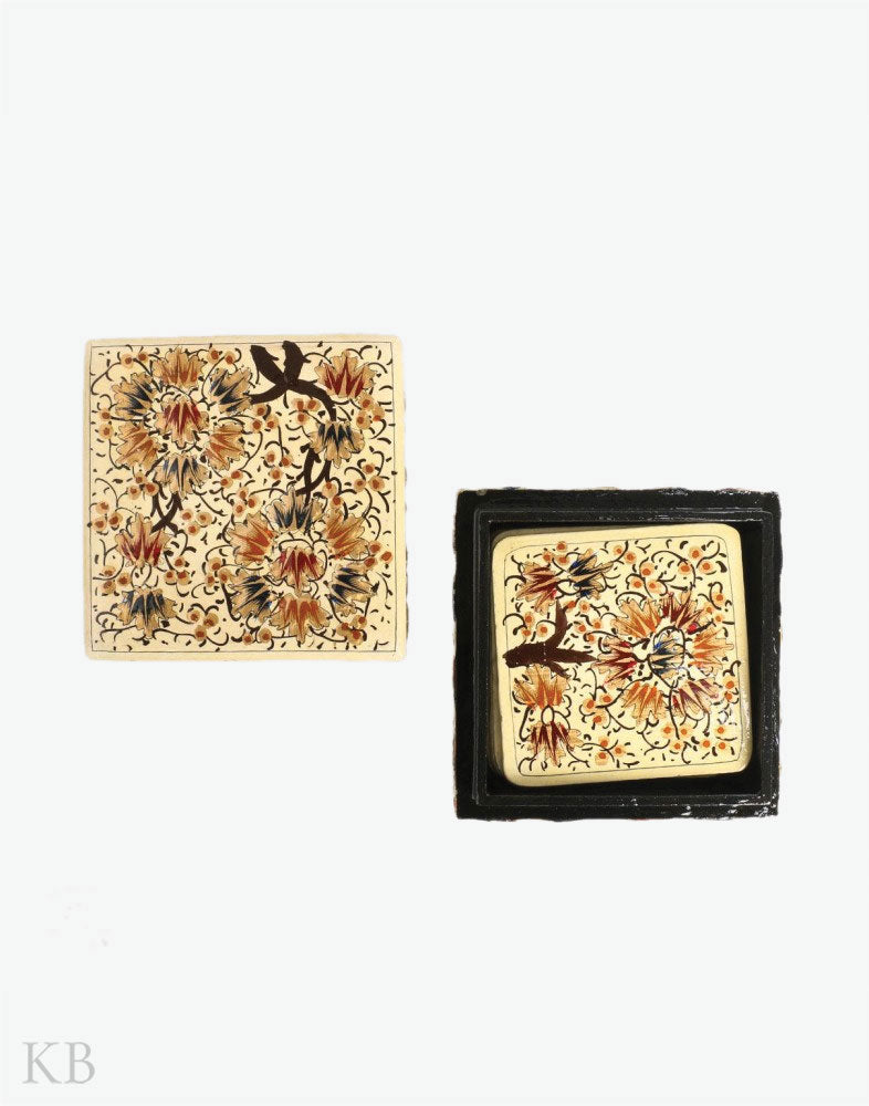 Cream White Flower Tree Square Paper Mache Coaster Set - Kashmir Box