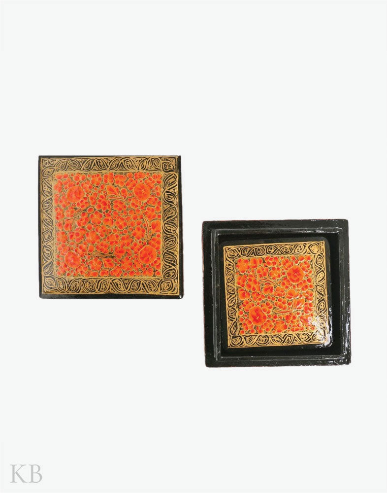 Orange Efflorescence Square Paper Mache Coaster Set - Kashmir Box