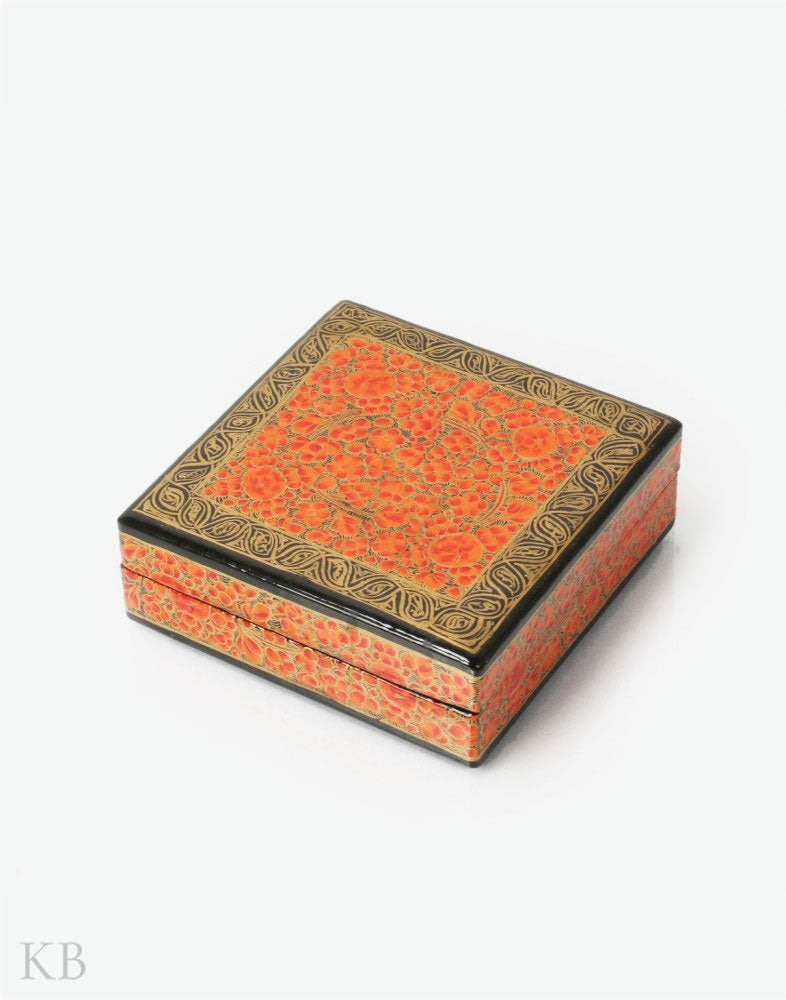 Orange Efflorescence Square Paper Mache Coaster Set - Kashmir Box