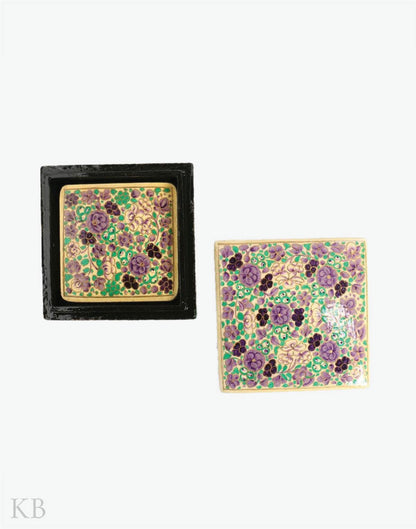 Purple Ruby Floret Square Paper Mache Coaster Set - Kashmir Box