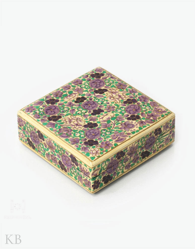 Purple Ruby Floret Square Paper Mache Coaster Set - Kashmir Box