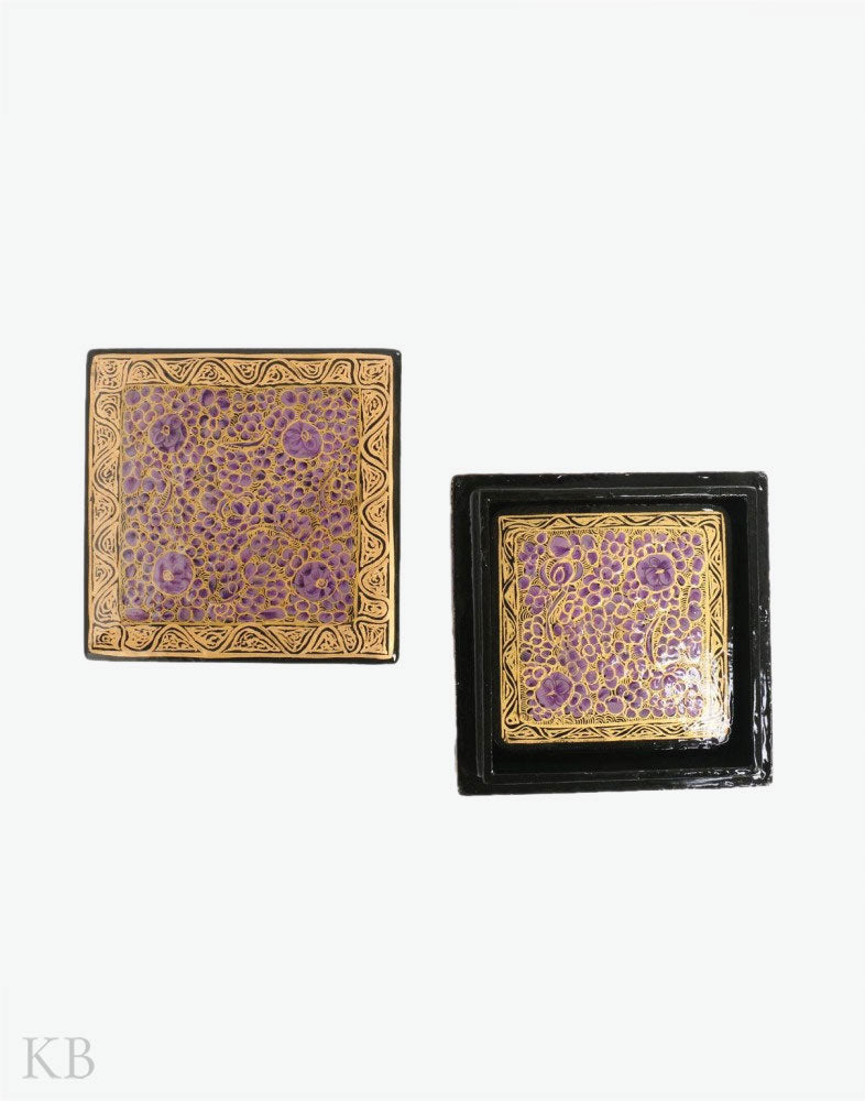 Purple Flowery Square Paper Mache Coaster Set - Kashmir Box