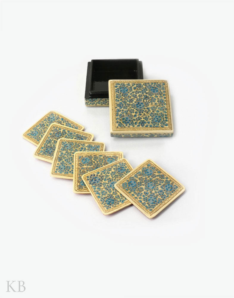 Sky Blue Flowery Square Paper Mache Coaster Set - Kashmir Box