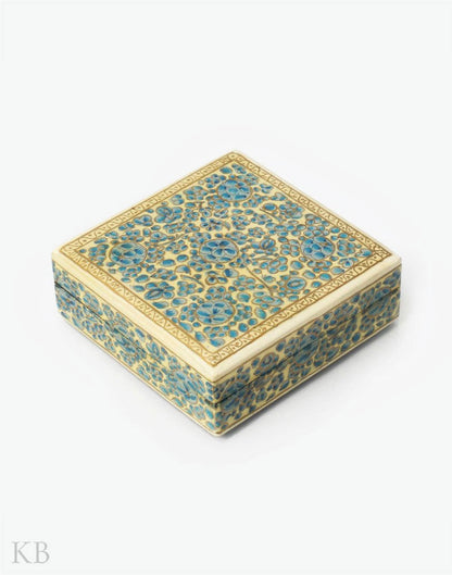 Sky Blue Flowery Square Paper Mache Coaster Set - Kashmir Box