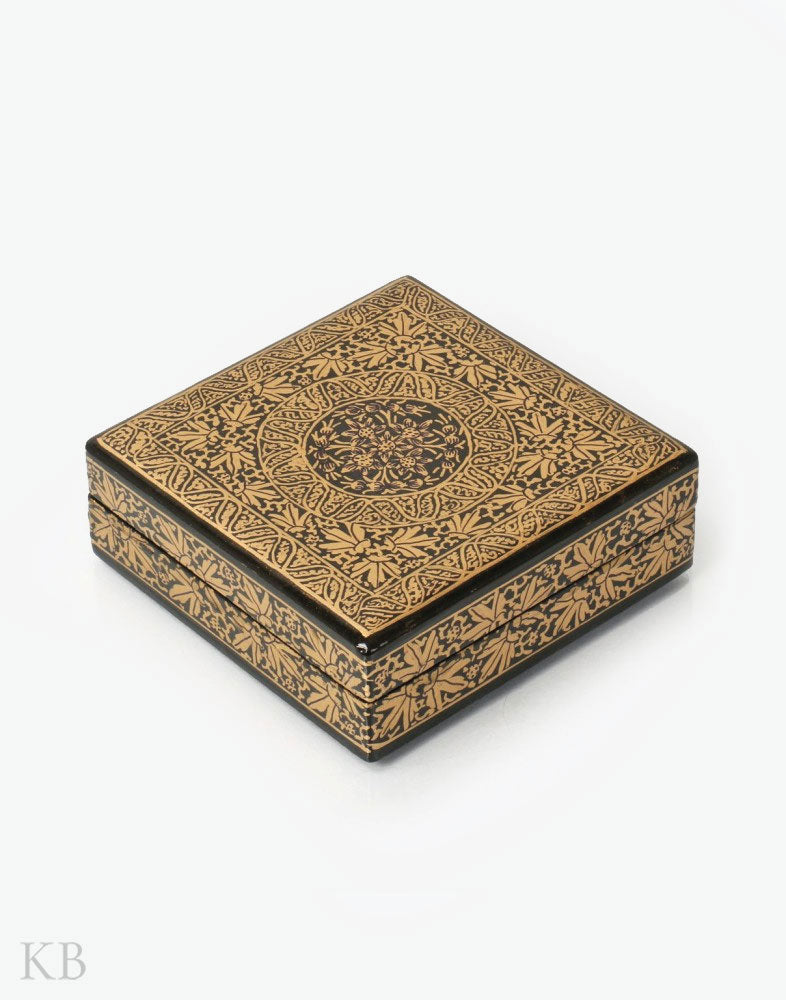 Black And Gold Square Paper Mache Coaster Set - Kashmir Box