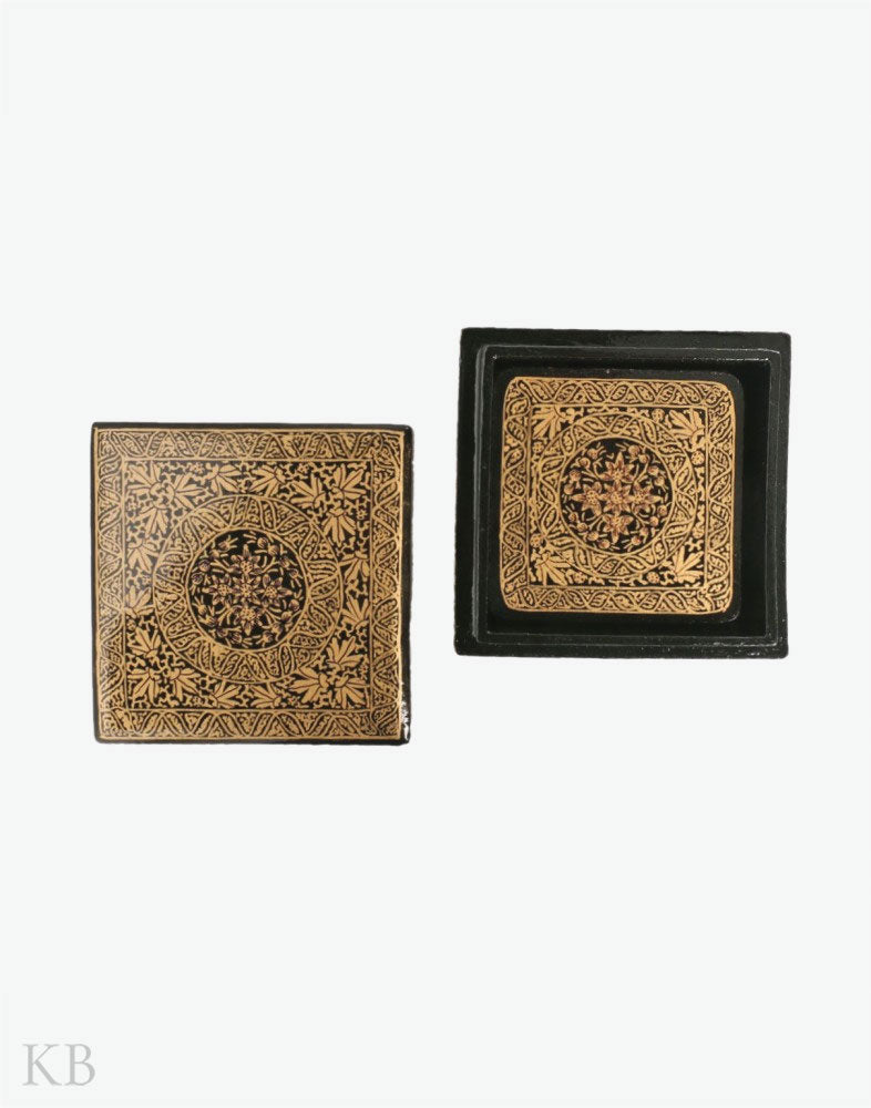 Black And Gold Square Paper Mache Coaster Set - Kashmir Box