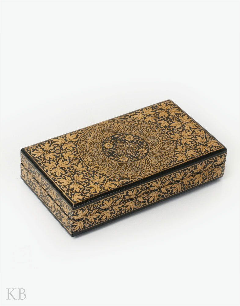 Black And Gold Decorative Paper Mache Flat Box - Kashmir Box