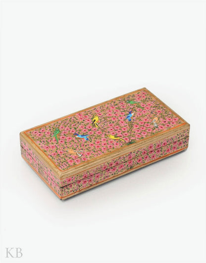 Pink Floret Eight Bird Handmade Paper Mache Flat Box - Kashmir Box