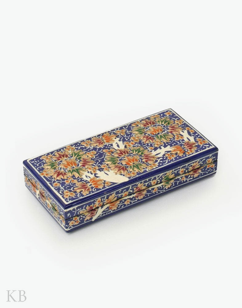 Blue Three Flowers Handmade Paper Mache Gift Box - Kashmir Box