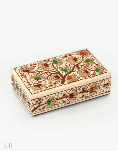 Eggshell White Chinar Motif Handmade Paper Mache Gift Box - Kashmir Box