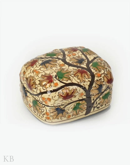 Cream White Chinar Tree Paper Mache Trinket Box - Kashmir Box