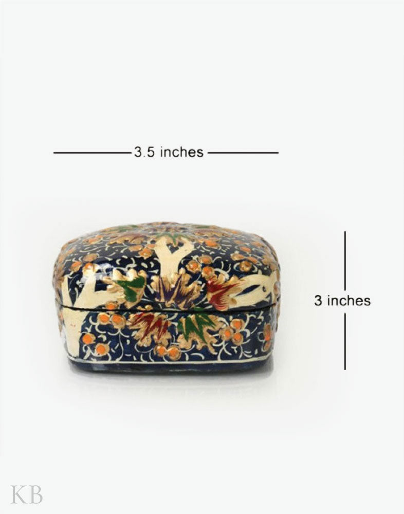 Navy Blue Golden Flower Paper Mache Trinket Box - Kashmir Box