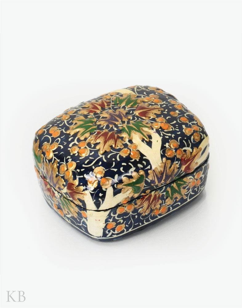 Navy Blue Golden Flower Paper Mache Trinket Box - Kashmir Box