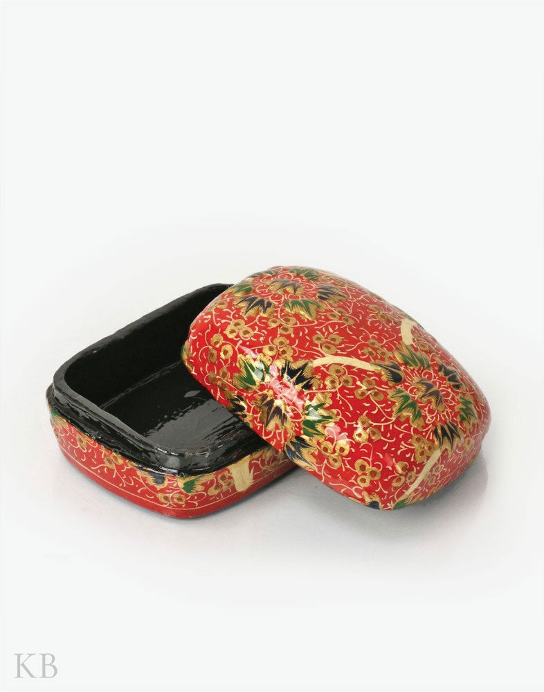 Rose Red Flower Triad Paper Mache Trinket Box - Kashmir Box