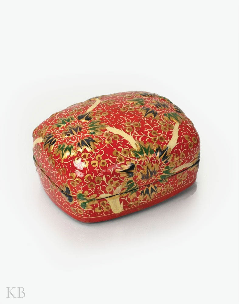 Rose Red Flower Triad Paper Mache Trinket Box - Kashmir Box