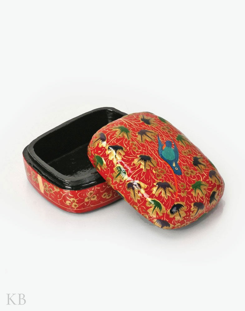 Crimson Red Bird Motif Paper Mache Trinket Box - Kashmir Box